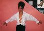 Emilia Gallo modeling White Organza Blouse and Black Stirrup pants: 1st clothes made in NYC.